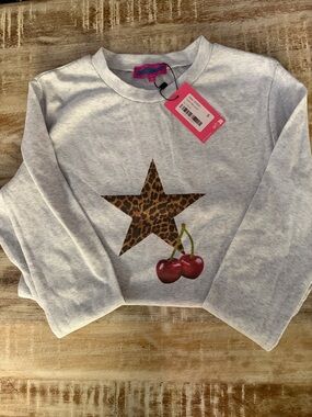 Edikted Light Gray Long-Sleeve Top with Leopard Star & Cherry Graphic NWT size S